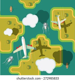 The plane flies over ground. Vector illustration. Seamless background.