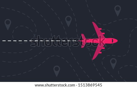 Plane flies over a landscape with map pointers and dashed lines. Motivation or travel concept. Vector illustration