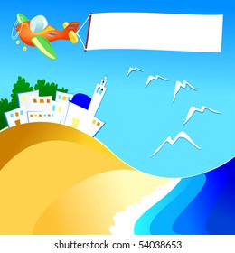A plane flies over the sea dragging a white banner, vector