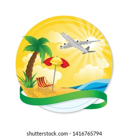 The plane flies over the sea, over the island with palm trees. Tourism. Blue sea and ocean. Means of movement by air.
