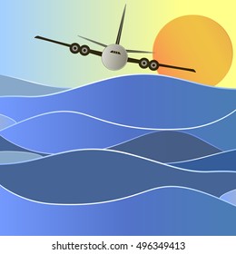 The plane flies over the sea at sunset. Vector