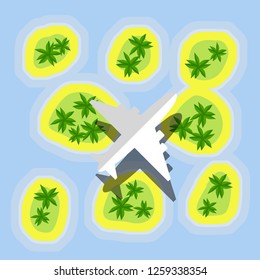 Plane flies over tropical Islands with palm trees. Vacation planning. Tourist tour to hot South. Blue Sea and ocean. Means of transportation by air. Jet Charter on way. Warm weather. Flat cartoon