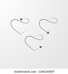The plane flies in the shape of a heart. simple vector illustration. Use for advertising flights and tourism. Heart and plane