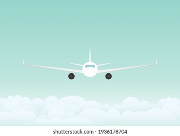 The plane flies in the sky above the clouds. Flying plane in the sky. Vector, cartoon illustration. Vector.