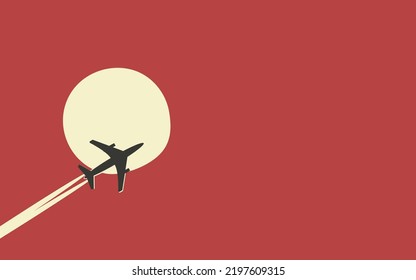 El avión vuela en el cielo contra el fondo del sol en estilo retro.