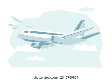 Plane flies in the sky among the clouds. Airplane takeoff for airline logo, airline tickets and travel advertising, flat vector illustration isolated on white background.