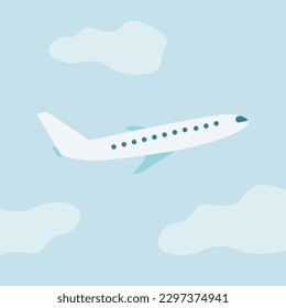 The plane flies in the sky, in the clouds. The concept of flights, travel, travel agencies, vacation, weekend, vacation, air travel. Flat illustration eps 10.