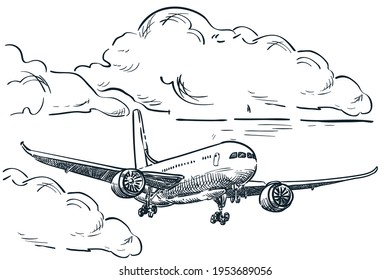 Plane flies in sky clouds, vector sketch illustration. Air travel, tourism flight, plane tickets booking hand drawn isolated design elements