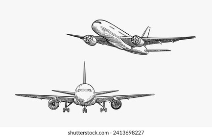 Plane flies in sky clouds, vector sketch illustration. Air travel, tourism flight, plane tickets booking hand drawn isolated design elements