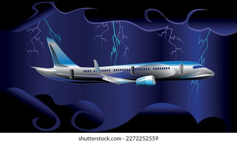 A plane flies in the sky in dark clouds during a thunderstorm, lightning flashing from all directions