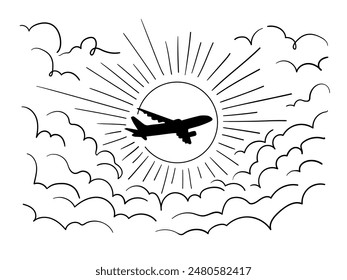 Plane flies in the sky with sun continuous line art drawing isolated on white background. Vector illustration. 