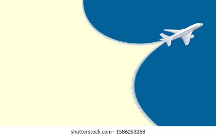Plane flies in the sky. Trace from an airplane as a zipper. Vector background