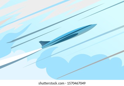 The plane flies in the sky. Vector. Blue sky and white clouds. Takeoff. Speed. Up. A supersonic plane breaks through a fog of clouds. Flat. 