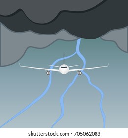 The plane flies in a thunderstorm, an airplane flying in thunderclouds. Clouds and thunderstorm. Flat design, vector illustration, vector.