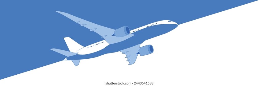 Plane flies upward, dividing sky into blue and white. Vector template for web page header