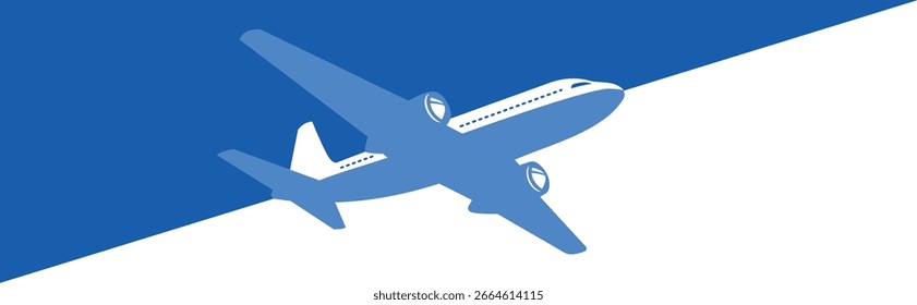 Plane flies upward, dividing sky into blue and white. Vector template for web page header