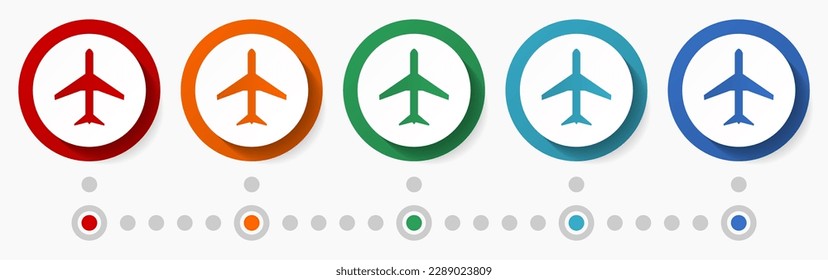 Plane, flight, airplane concept vector icon set, flat design colorful buttons, infographic template in 5 color options