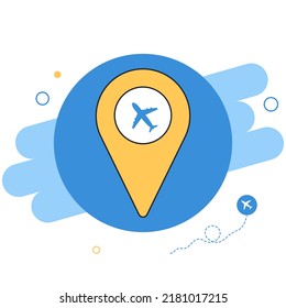 Avión, vuelo, icono del avión. Marcador de mapa con icono de plano. Diseño plano. Vector
