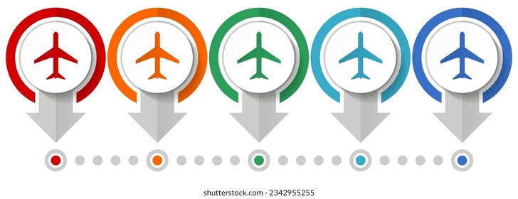 Plane, flight, airplane vector icon set, flat design infographic template, set pointer concept icons in 5 color options for webdesign and mobile applications