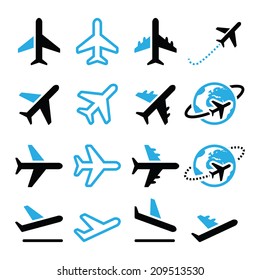 Plane, flight, airport  black and blue icons set 