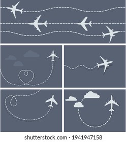 Plane flight - dotted trace of the airplane, heart-shaped and loop, vector