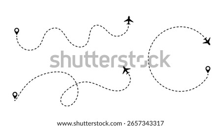 Plane flight with path on air map. Route and trip traced by dot toward the airport or destination.