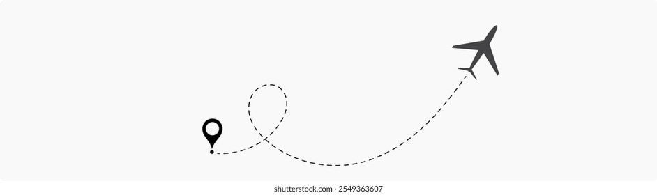 Conjunto de Vector de ruta de vuelo de avión. Los aviones salpicaban la ruta de vuelo. Caminos planos. Rastreo de aeronaves, aviones, viajes, pines de mapa, pines de ubicación. Rastreo de punto de inicio