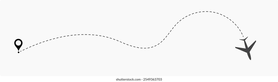 Plane flight path vector set. Planes dotted flight pathway. Plane paths. Aircraft tracking, planes, travel, map pins, location pins .start point line trace