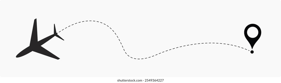 Plane flight path vector set. Planes dotted flight pathway. Plane paths. Aircraft tracking, planes, travel, map pins, location pins .start point line trace