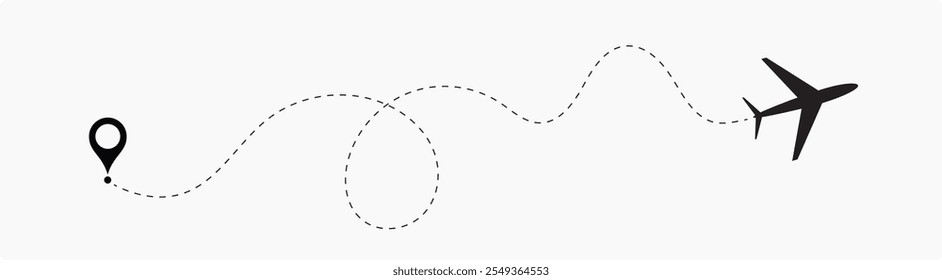 Plane flight path vector set. Planes dotted flight pathway. Plane paths. Aircraft tracking, planes, travel, map pins, location pins .start point line trace