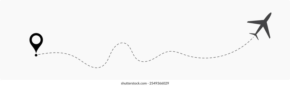 Plane flight path vector set. Planes dotted flight pathway. Plane paths. Aircraft tracking, planes, travel, map pins, location pins .start point line trace