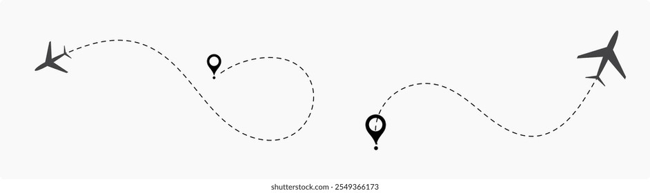 Plane flight path vector set. Planes dotted flight pathway. Plane paths. Aircraft tracking, planes, travel, map pins, location pins .start point line trace