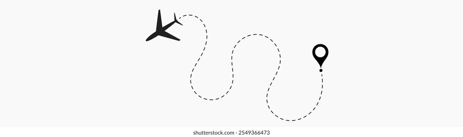 Plane flight path vector set. Planes dotted flight pathway. Plane paths. Aircraft tracking, planes, travel, map pins, location pins .start point line trace