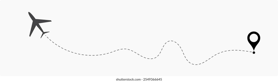 Plane flight path vector set. Planes dotted flight pathway. Plane paths. Aircraft tracking, planes, travel, map pins, location pins .start point line trace