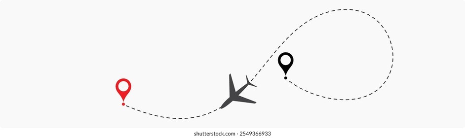 Plane flight path vector set. Planes dotted flight pathway. Plane paths. Aircraft tracking, planes, travel, map pins, location pins .start point line trace