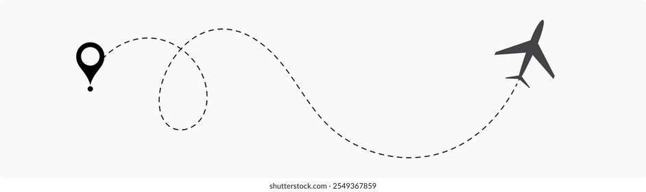 Plane flight path vector set. Planes dotted flight pathway. Plane paths. Aircraft tracking, planes, travel, map pins, location pins .start point line trace