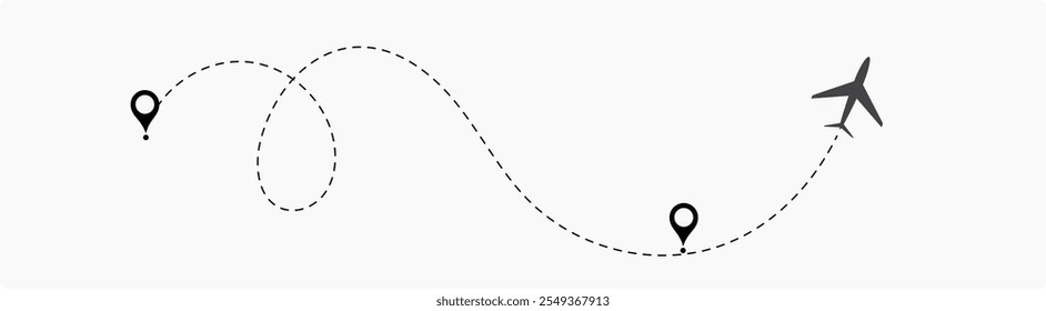 Plane flight path vector set. Planes dotted flight pathway. Plane paths. Aircraft tracking, planes, travel, map pins, location pins .start point line trace