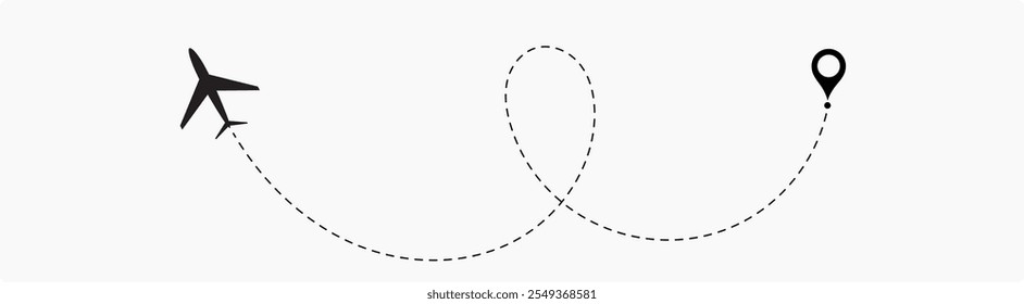 Plane flight path vector set. Planes dotted flight pathway. Plane paths. Aircraft tracking, planes, travel, map pins, location pins .start point line trace