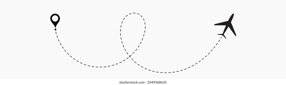 Plane flight path vector set. Planes dotted flight pathway. Plane paths. Aircraft tracking, planes, travel, map pins, location pins .start point line trace