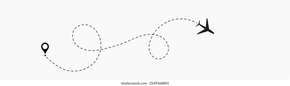 Plane flight path vector set. Planes dotted flight pathway. Plane paths. Aircraft tracking, planes, travel, map pins, location pins .start point line trace