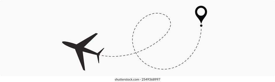 Plane flight path vector set. Planes dotted flight pathway. Plane paths. Aircraft tracking, planes, travel, map pins, location pins .start point line trace