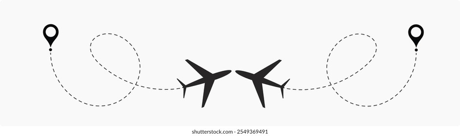 Plane flight path vector set. Planes dotted flight pathway. Plane paths. Aircraft tracking, planes, travel, map pins, location pins .start point line trace