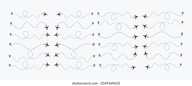 Plane flight path vector set. Planes dotted flight pathway. Plane paths. Aircraft tracking, planes, travel, map pins, location pins .start point line trace