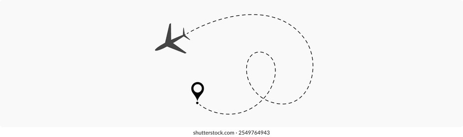 Plane flight path vector set. Planes dotted flight pathway. Plane paths. Aircraft tracking, planes, travel, map pins, location pins .start point line trace