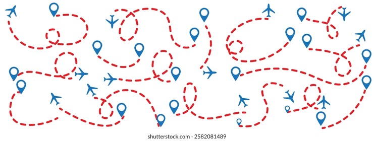 Plane flight path vector set. Airplane flying dotted line to destination collection . Vector illustration.  1176