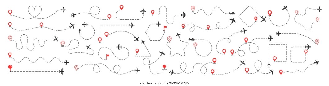 Plane flight path vector set isolated on transparent. Aircraft tracking, planes, travel, map pins, location pins. Airplane flying dotted line to destination collection