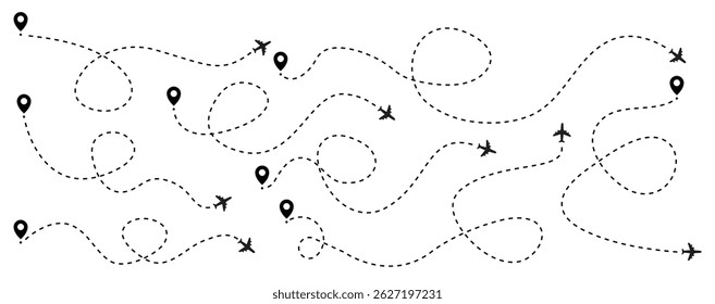Conjunto de vetores da trajetória de voo do avião. Ícone do vetor de viagem. Viaje a partir do ponto inicial e traçado de linha pontilhada. Rastreamento de aeronaves, aviões, viagens, pinos de mapa, pinos de localização.