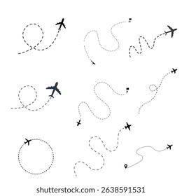 Plane flight path vector set featuring airplanes with dotted lines tracing routes to destinations. A collection of travel and aviation-themed illustrations.