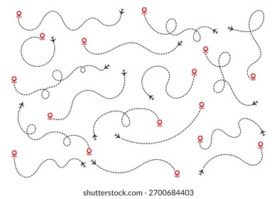 Conjunto de vetores da trajetória de voo do avião. Avião voando linha pontilhada para coleta de destino.