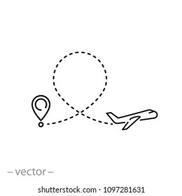 plane flight route icon, line sign - vector illustration eps10